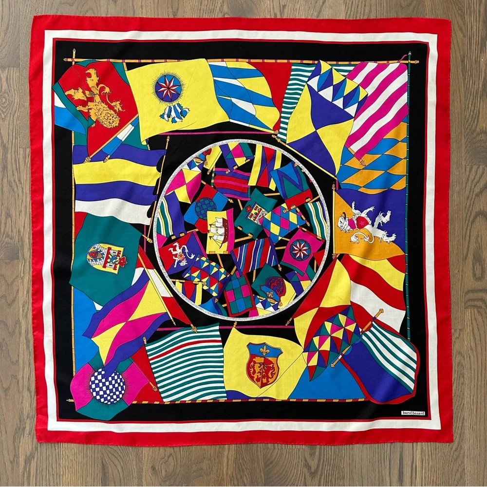 Vintage Harvé Bernard Multicolor Nautical Flag Motif 100% Silk Scarf 34